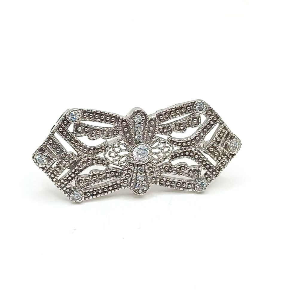 KL 925 Sterling Silver Art Deco Filigree Bow Brooch CZ